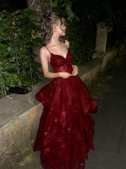 Modest long A line sweetheart dark burgundy sequins prom dress Formal Party Gown AB478