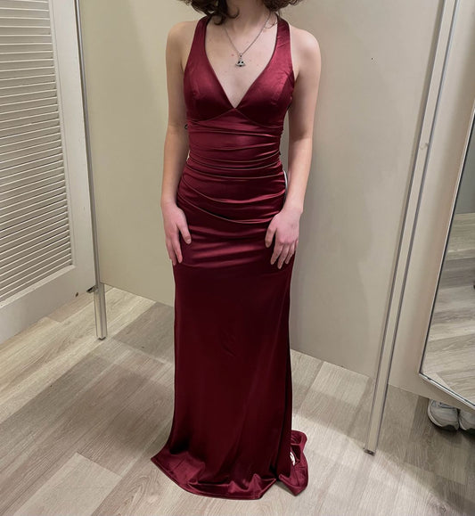 Simple Mermaid V Neck Burgundy Satin Long Prom Dresses Inspiration Prom Gown RB1299