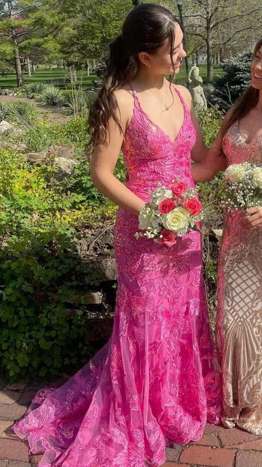 Cute Mermaid Spaghetti Straps Hot Pink Lace Long Prom Dresses Inspiration Prom Gown RB1300