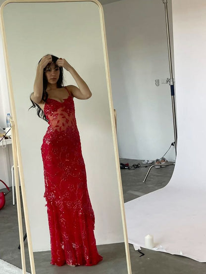 Robe de soirée sirène à bretelles spaghetti et paillettes rouges, robe de bal longue, inspiration RB1302