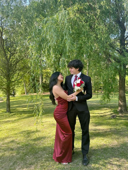 Robe de bal sirène unique sans bretelles en satin bordeaux, longue robe de soirée, tenue d'anniversaire, robe de bal RB1307