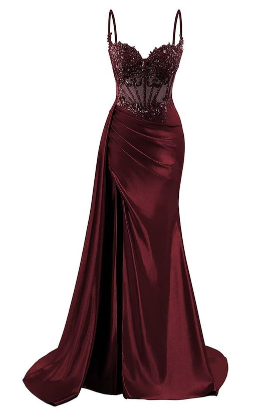 Robe de bal longue style sirène, bretelles spaghetti, bordeaux, fendue et perlée, inspiration RB1308