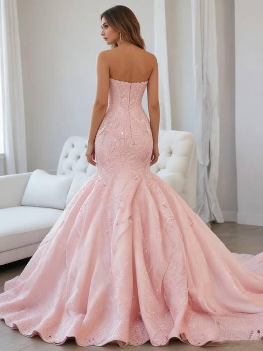 Unique Mermaid Sweetheart Pink Lace Prom Dresses Long Party Dress Birthday Outfits Prom Gown RB1310