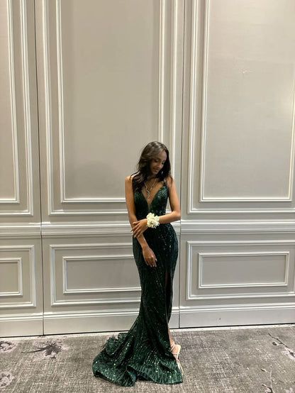 Robe de bal longue à bretelles spaghetti et paillettes vert émeraude foncé, style sirène, inspiration RB1304