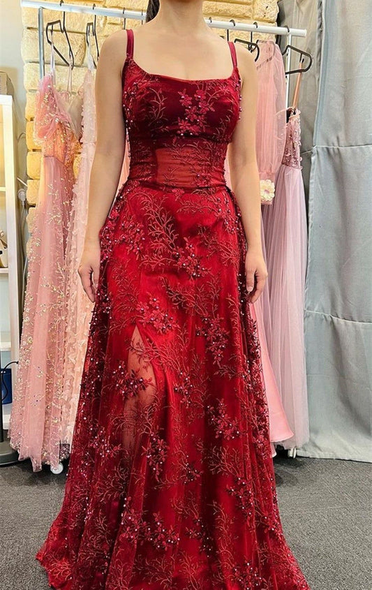 Sexy Mermaid Square Neck Burgundy Lace Split Long Prom Dresses Inspo Prom Gown RB1321