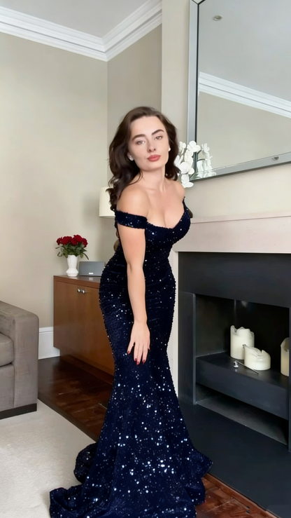 Exquisite Mermaid Off The Shoulder Red Sequins Prom Dresses Long Party Dress 18th Birthday Outfit Prom Gowns RB1323