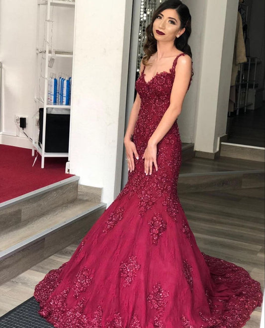 Unique Mermaid Sweetheart Burgundy Lace Appliqued Prom Dresses Long Party Dress Birthday Outfits Prom Gown RB1327