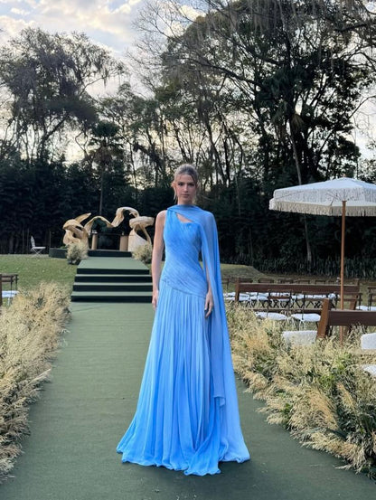 Robe de bal longue en mousseline plissée bleue, asymétrique, style sirène, sans manches, robe de bal inspirée RB1333
