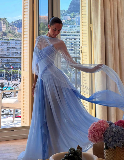 Pretty Mermaid Spaghetti Straps Multi Blue Pleated Sleeveless Chiffon Long Prom Dresses Inspo Prom Gown With Scarf RB1337