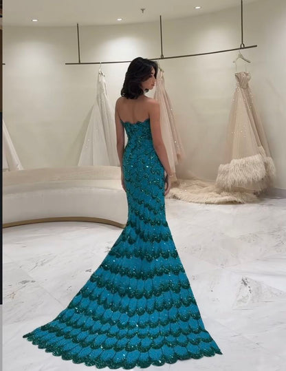 Robe de bal sirène bustier à paillettes bleues, robe longue de soirée, tenue de 18e anniversaire, RB1339