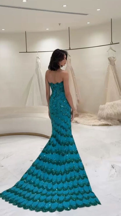 Robe de bal sirène bustier à paillettes bleues, robe longue de soirée, tenue de 18e anniversaire, RB1339