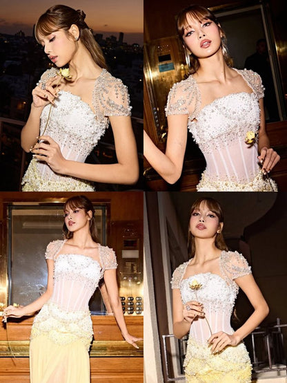 Magnifique robe de soirée sirène bustier longue en mousseline de soie jaune argentée et perlée RB1340