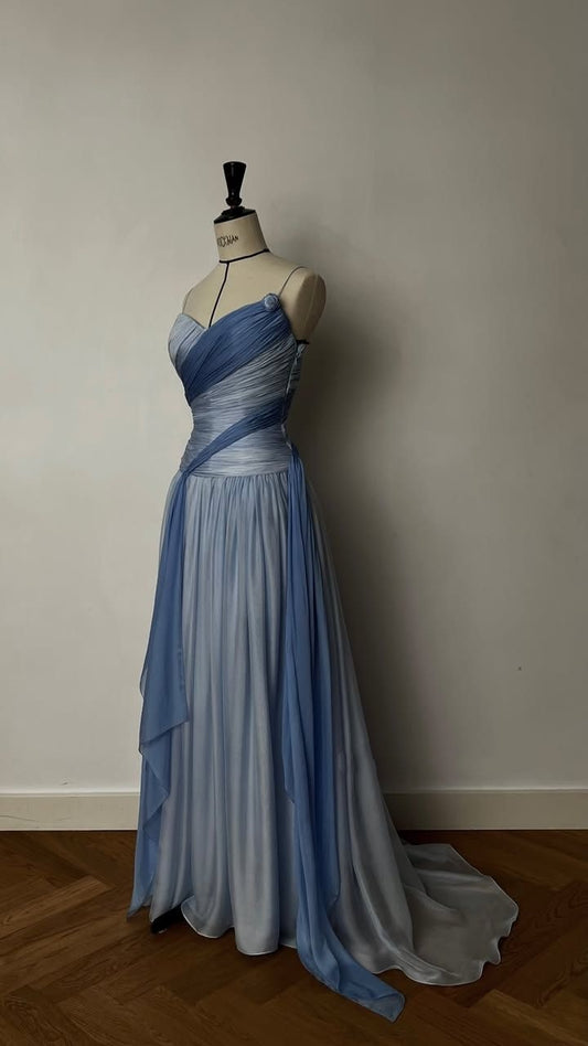 Chic Mermaid Spaghetti Straps Multi Blue Pleated Sleeveless Chiffon Long Prom Dresses Inspo Prom Gown RB1341