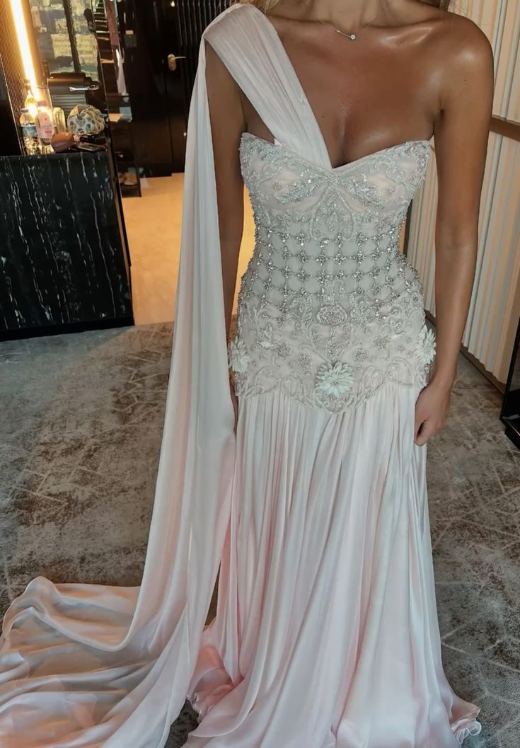Exquisite Mermaid One Shoulder Pink Chiffon With Silver Beaded Prom Dresses Long Party Dress 18th Birthday Outfits Prom Gown RB1345