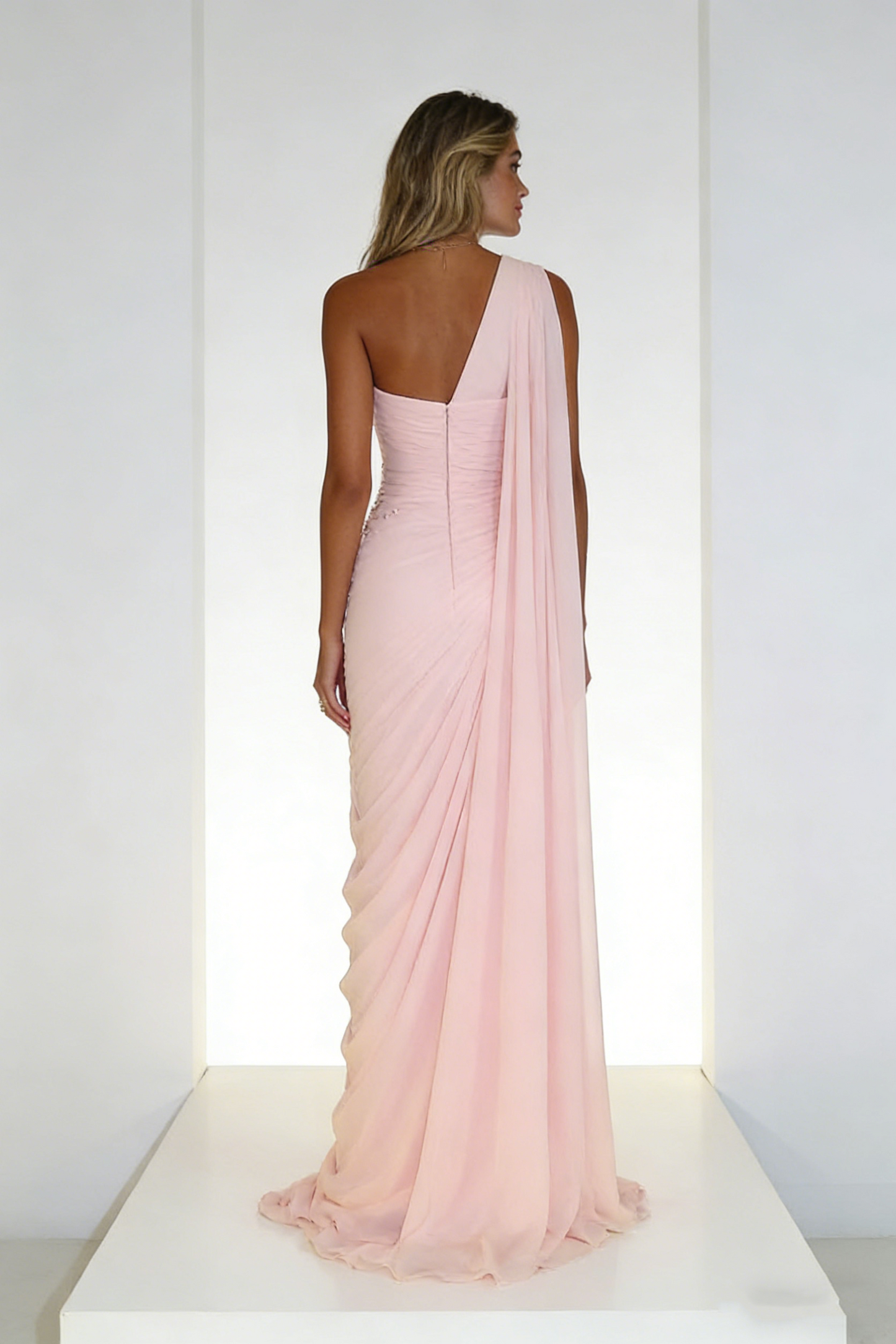 Robe de bal sirène asymétrique en mousseline de soie rose clair, tenue de soirée longue pour 18e anniversaire, RB1344