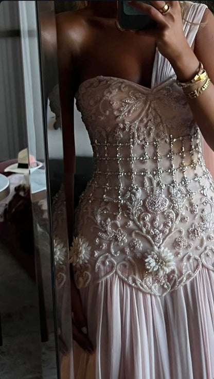 Exquisite Mermaid One Shoulder Pink Chiffon With Silver Beaded Prom Dresses Long Party Dress 18th Birthday Outfits Prom Gown RB1345