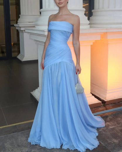 Robe de bal sirène sans bretelles, bleu, en mousseline de soie, longue et modeste, avec plis, RB1348