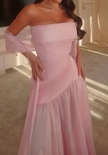 Robe de bal sirène sans bretelles, bleu, en mousseline de soie, longue et modeste, avec plis, RB1348