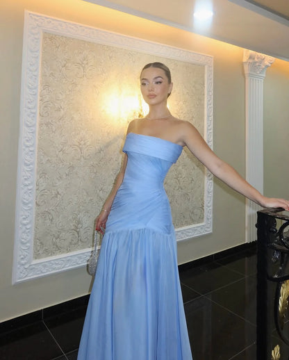 Robe de bal sirène sans bretelles, bleu, en mousseline de soie, longue et modeste, avec plis, RB1348
