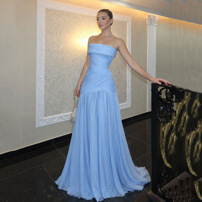 Robe de bal sirène sans bretelles, bleu, en mousseline de soie, longue et modeste, avec plis, RB1348