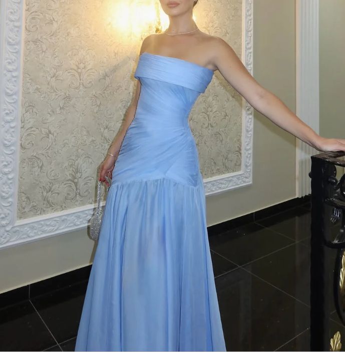 Robe de bal sirène sans bretelles, bleu, en mousseline de soie, longue et modeste, avec plis, RB1348