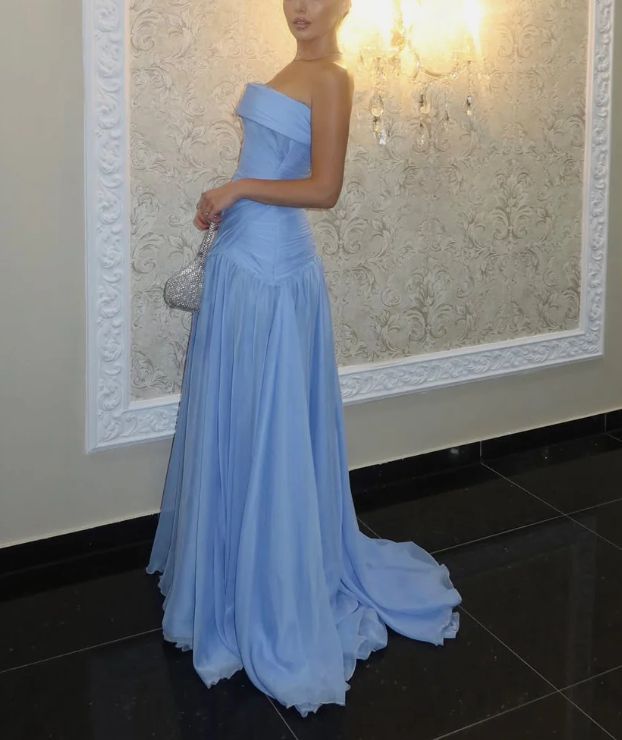 Robe de bal sirène sans bretelles, bleu, en mousseline de soie, longue et modeste, avec plis, RB1348