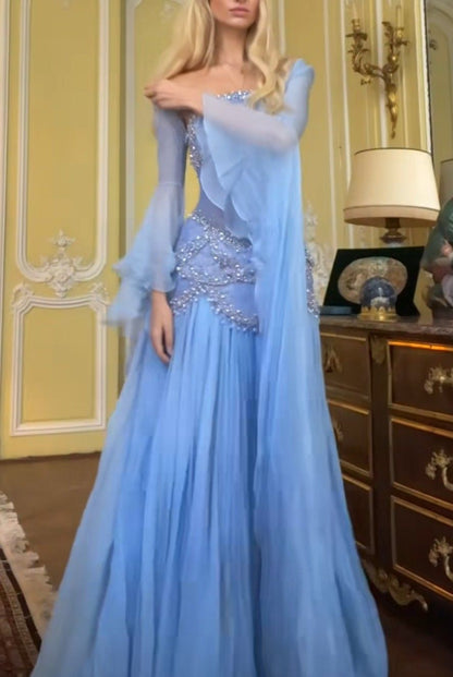 Elegant Mermaid Strapless Maxi Long Party Light Blue Chiffon Beaded Prom Dresses Evening Dress RB1350