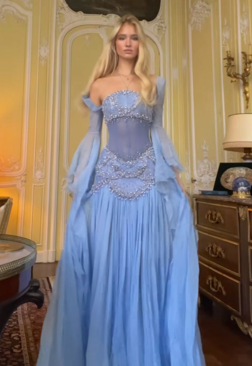Elegant Mermaid Strapless Maxi Long Party Light Blue Chiffon Beaded Prom Dresses Evening Dress RB1350
