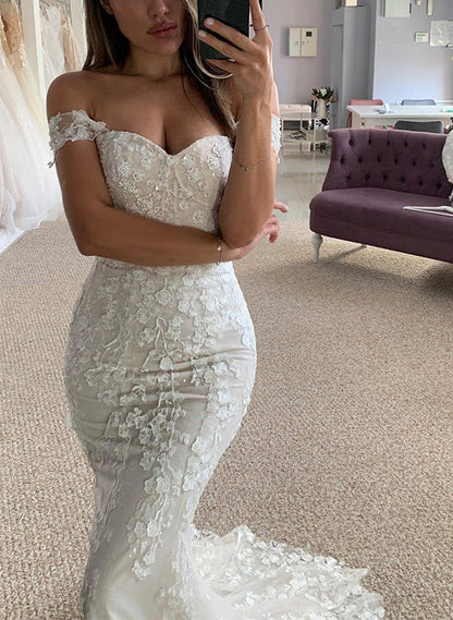 Robe de mariée sirène de luxe à épaules dénudées, corset ajusté en tulle et dentelle blanche, robe longue de mariée RB1352