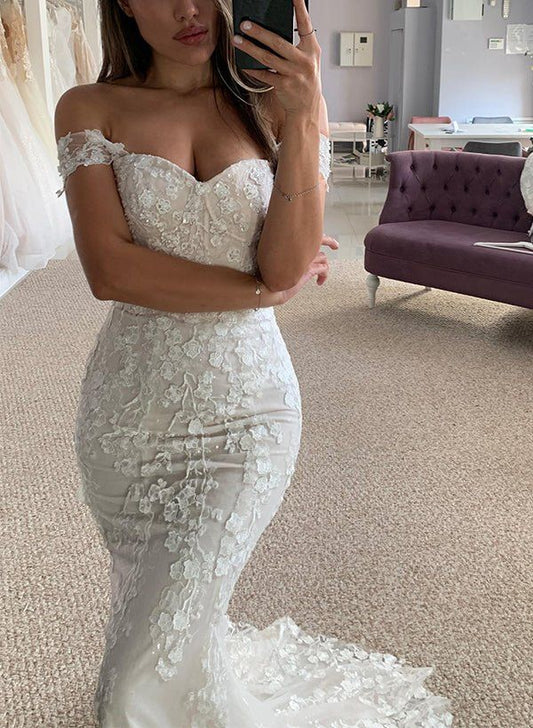 Luxury Mermaid Off The Shoulder Fitted Tulle Corset White Lace Wedding Dress Long Bridal Gown Wedding Dresses RB1352