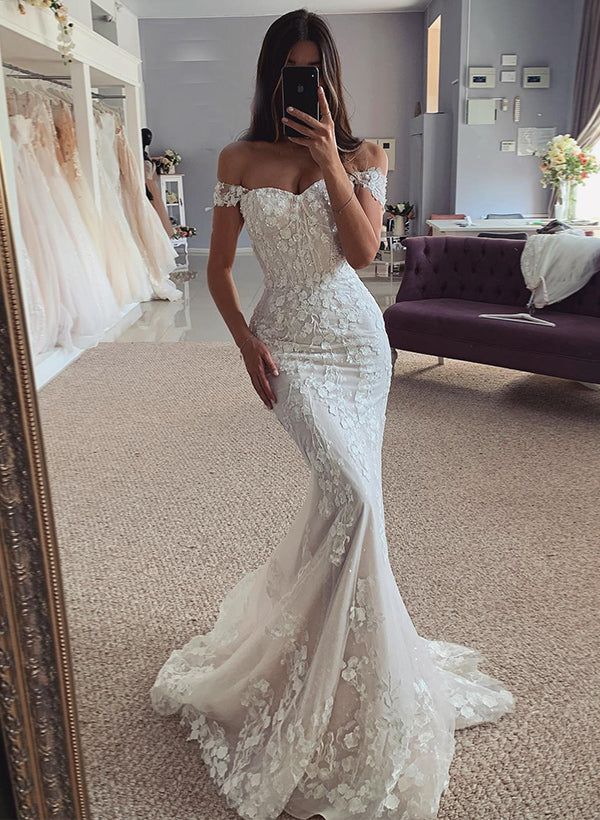 Robe de mariée sirène de luxe à épaules dénudées, corset ajusté en tulle et dentelle blanche, robe longue de mariée RB1352
