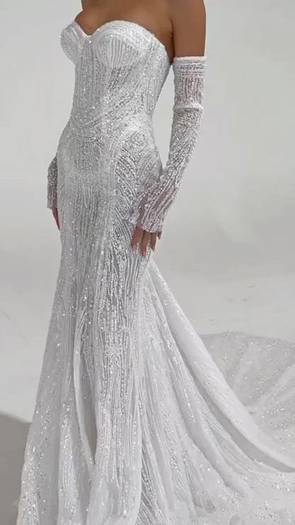Robe de mariée sirène scintillante à paillettes blanches et corset perlé, robe longue de mariée RB1354