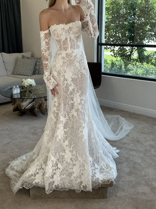 Romantic Mermaid Off The Shoulder Fitted Corset Long Sleeves White Lace Wedding Dress Long Bridal Gown Wedding Dresses RB1358