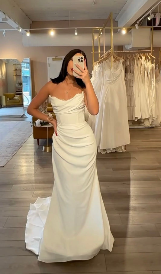 Robe de mariée sirène blanche à volants et décolleté en cœur, style corset, longue, plissée, RB1359