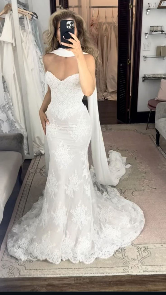 Robe de mariée sirène en dentelle blanche, décolleté en cœur, magnifique, longue, RB1361
