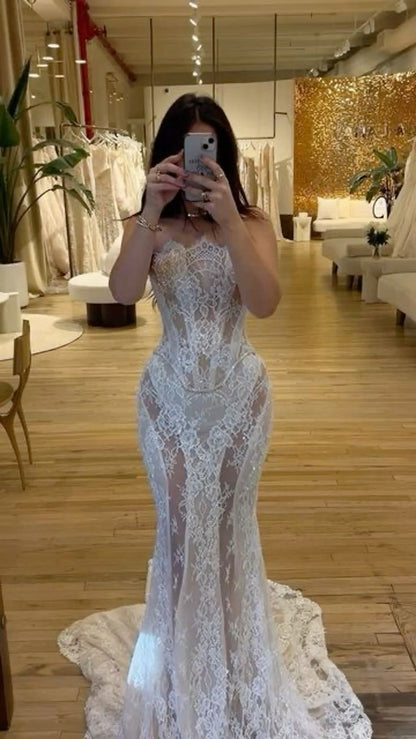 Pretty Mermaid Strapless White Lace Corset Wedding Dress Long Bridal Gowns Wedding Dresses RB1364