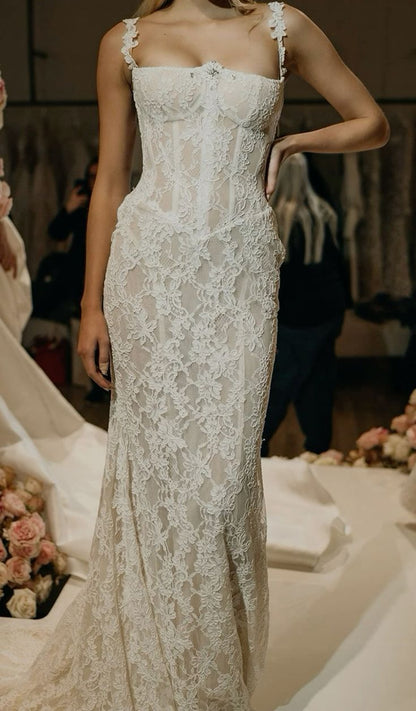 Timeless Mermaid Spaghetti Straps White Lace Wedding Dress Long Bridal Gown Wedding Dresses RB1365