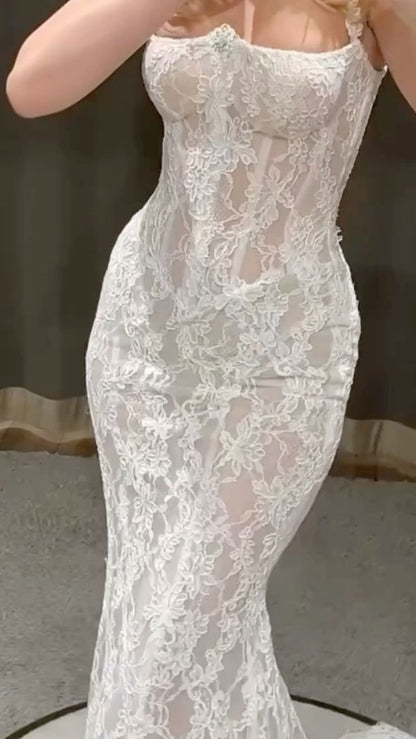 Timeless Mermaid Spaghetti Straps White Lace Wedding Dress Long Bridal Gown Wedding Dresses RB1365