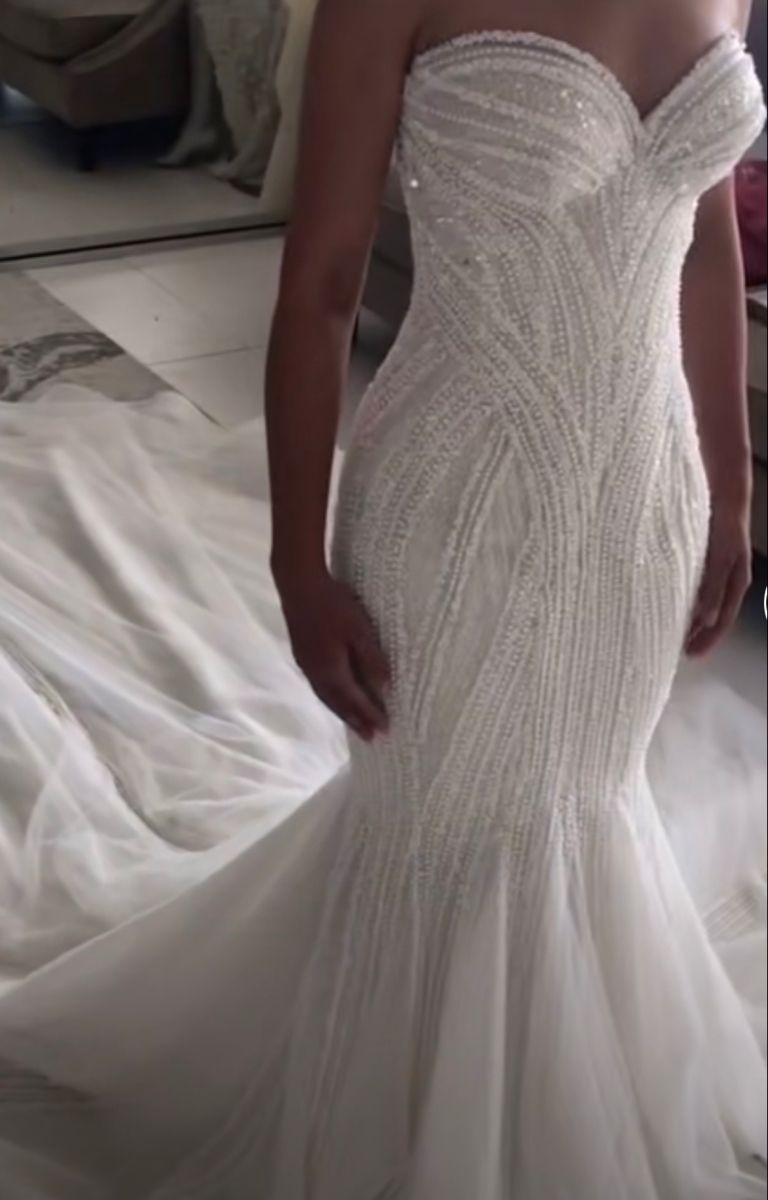 Robe de mariée sirène scintillante à paillettes blanches et corset perlé, robe longue de mariée RB1366