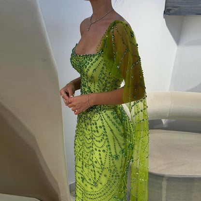 Shiny Mermaid Strapless Green Sequins Sleeveless Silver Beads Long Prom Dresses With Scarf Inspo Prom Gown RB1376