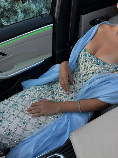 Modest Mermaid Strapless Blue Cape Sequin Long Prom Dresses Inspiration Prom Dress Senior Graduation Dress RB937