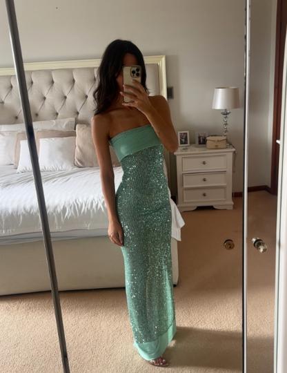 Shinning Mermaid Strapless Green Sequin Prom Dresses Party Dress 18th Birthday Outfits Graduation Dress RB1381