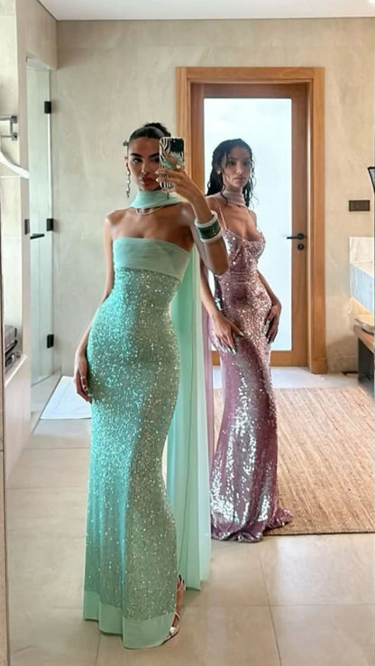Shinning Mermaid Strapless Green Sequin Prom Dresses Party Dress 18th Birthday Outfits Graduation Dress RB1381