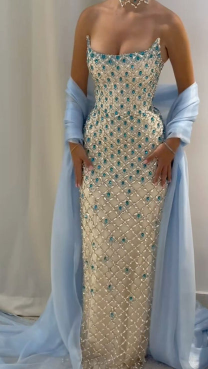 Chic Mermaid Strapless Neck Champagne Blue Silver Beaded Long Prom Dresses Inspo Prom Gown RB1377