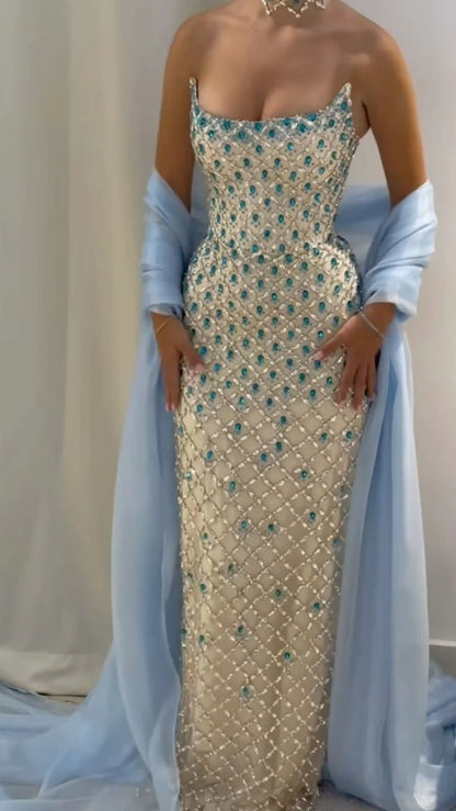 Modest Mermaid Strapless Blue Cape Sequin Long Prom Dresses Inspiration Prom Dress Senior Graduation Dress RB937