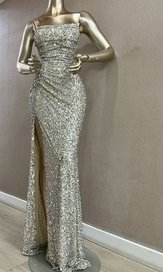 Sexy Mermaid Strapless Silver Split Sleeveless Sequin Long Prom Dresses Inspo Prom Gown RB1393