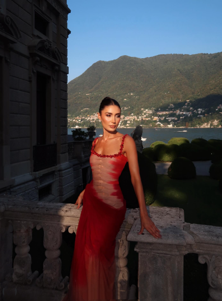 Classy Mermaid Square Neck Ombre Red White Multi Color Beaded Long Prom Dresses Inspo Glitter Prom Gown RB1395