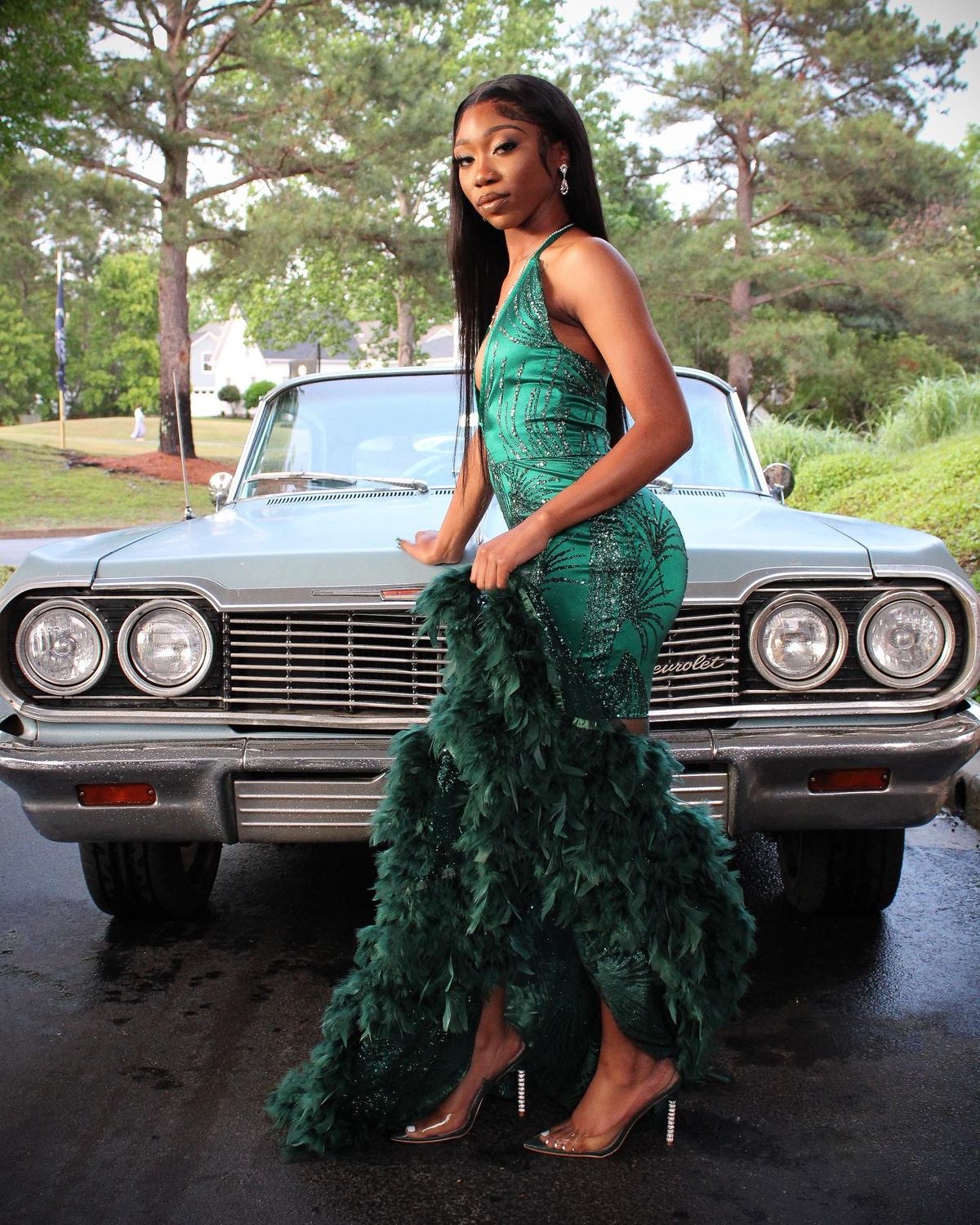 Special Mermaid Halter Dark Green Sequin Sleeveless Feathers Long Prom Dresses Inspo Prom Gown RB1396