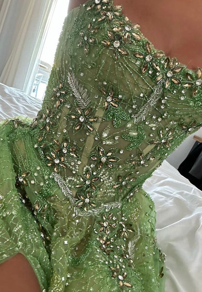 Robe de bal longue élégante à paillettes vert menthe, col carré et sirène, inspirée par la robe pailletée RB1397