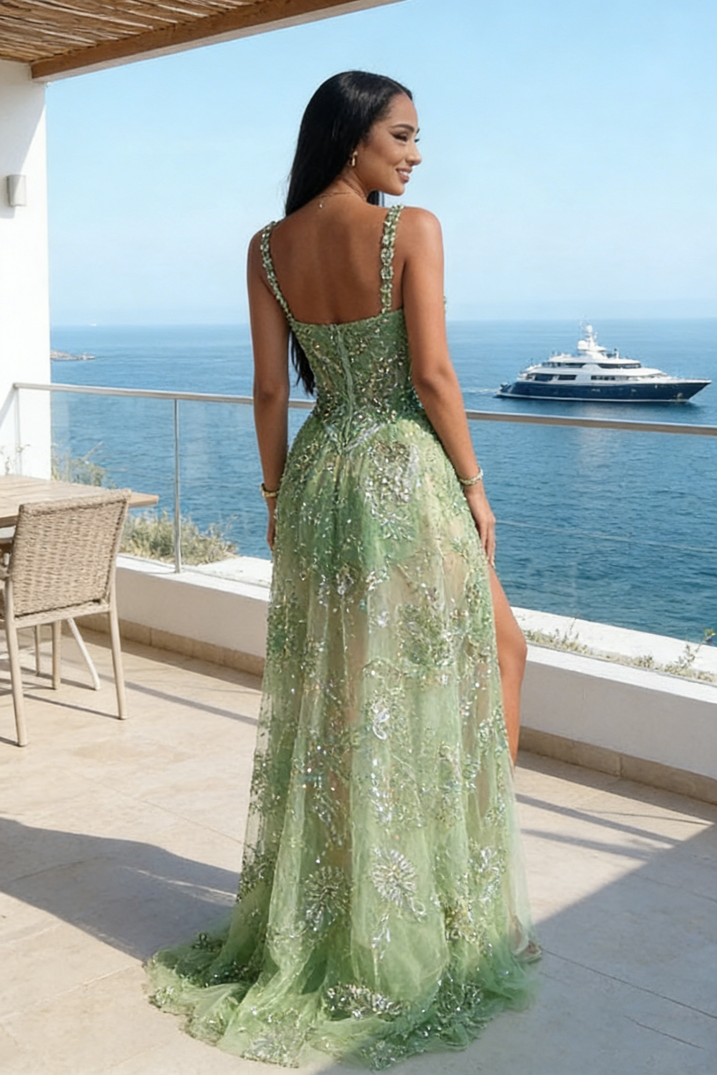 Robe de bal longue élégante à paillettes vert menthe, col carré et sirène, inspirée par la robe pailletée RB1397